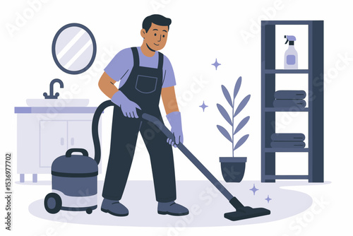 Flat style vector illustration of a male cleaner vacuuming a bathroom with modern cleaning tools and sparkling cleanliness.