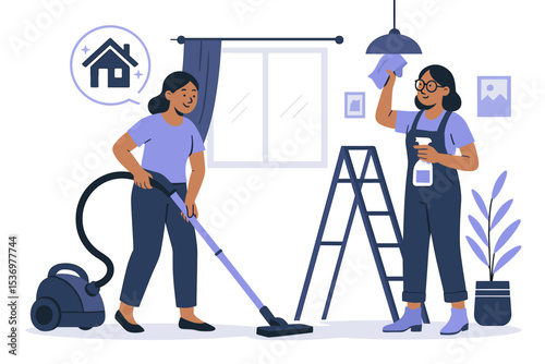 Flat style vector illustration of two women cleaners with cleaning supplies and professional equipment for home and office cleaning services.