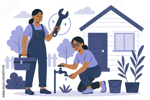 Flat style vector illustration of two women cleaners with cleaning supplies and professional equipment for home and office cleaning services.