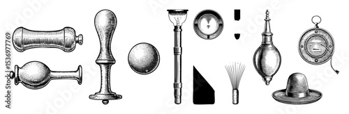 Vector Vintage medical instruments and tools collection in engraved style.
