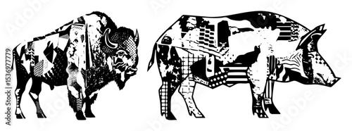 Vector Geometric bison and boar illustrations showcase bold abstract animal designs.