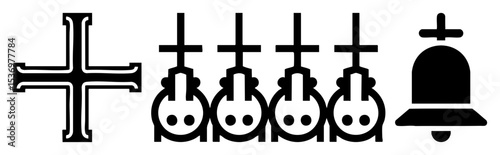 Vector Religious featuring a cross skulls and a bell in black vector style.