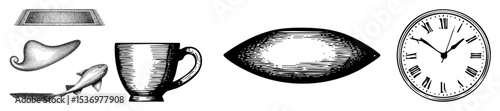 Vector Assorted vintage illustrations depict a rug footwear measuring tool eye and clock.