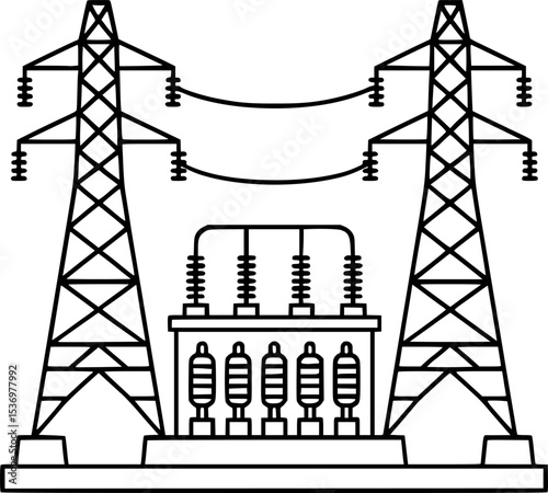 Line drawing of a power substation and transmission towers