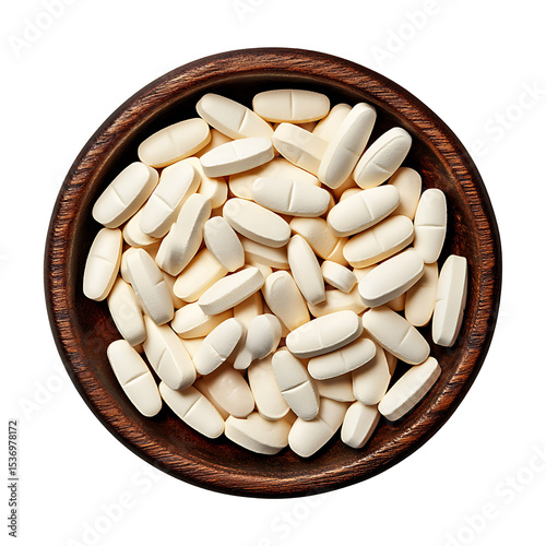 a wooden bowl filled with white pills on transparent background PNG