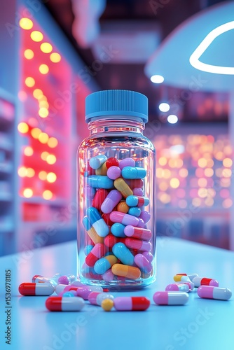 Colorful pills in glass bottle, pharmacy setting.
