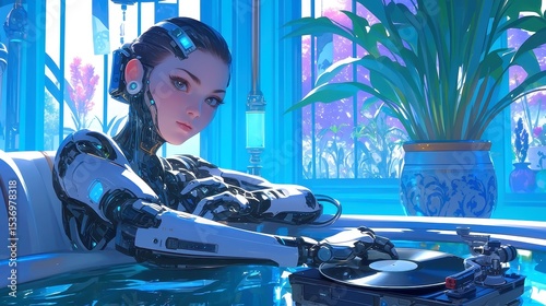 Elegant android with holographic eyes, spinning vinyl in a retro-futuristic lounge, immersed in blue and violet hues, blending technology and vintage charm.