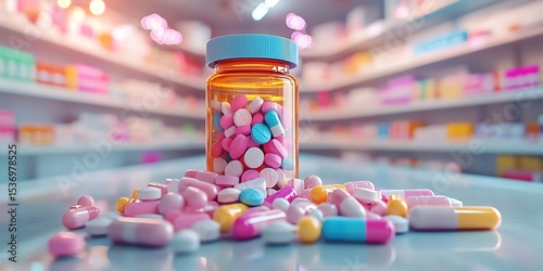 Ultra highdefinition 3D rendering of a colorful digitalstyle pill bottle with vibrant aspirin tablets spilling out