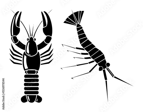 Vector Stylized crustaceans featuring a crayfish and shrimp in black silhouette.