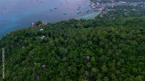 Aerial view of Coconut Island and sea with dive sites at Koh Tao