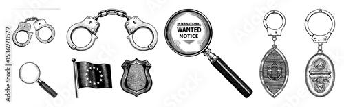 Vector Illustrative collection of law enforcement tools and symbols in a vintage style.