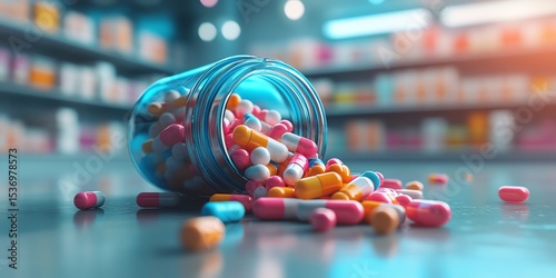 Ultra highdefinition 3D rendering of a colorful digitalstyle pill bottle with vibrant aspirin tablets spilling out photo