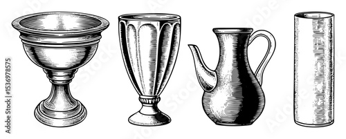 Vector Vintage vessels including a goblet flared glass pitcher and cylinder are presented as detailed engravings.