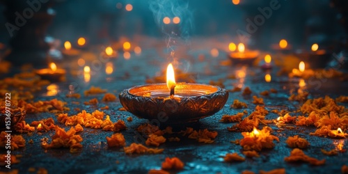 Diwali Celebration with Lit Oil Lamps and Marigold Flowers on Surface