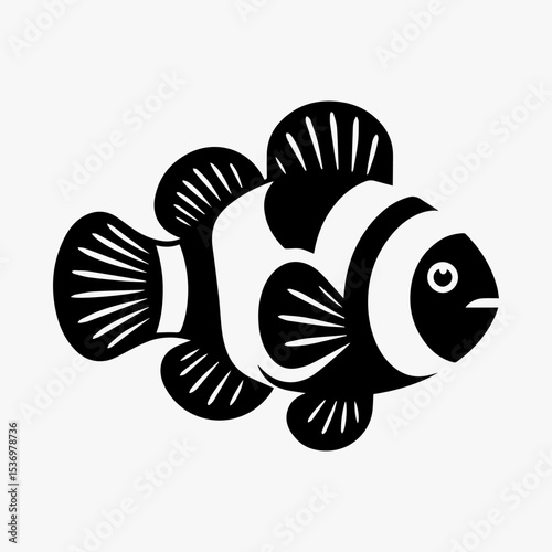 Stylized illustration of a clownfish with distinctive stripes and fins, presented in a monochrome color scheme.