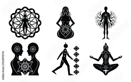 Spiritual Awakening Set of Mystical Human Energy Illustrations