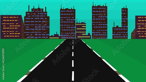 Animated video of a road in pixel art style with buildings passing by, art.