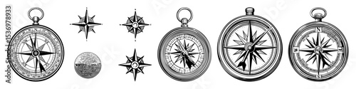 Vector Collection of vintage compass illustrations and nautical star .
