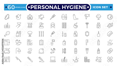 Personal Hygiene Outline Icons set. Contain icons related to Hygiene, clean, sanitary, towel, wash, liquid , and more. Editable stroke outline icon.
