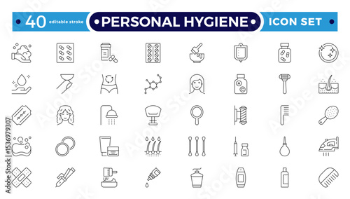 Personal Hygiene Outline Icons set. Contain icons related to Hygiene, clean, sanitary, towel, wash, liquid , and more. Editable stroke outline icon.
