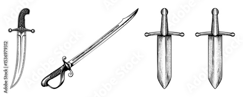 Vector Antique edged weapons including a curved saber and two straight swords are displayed in a vintage engraving style.