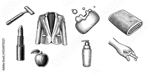Vector Assortment of personal care and lifestyle items in vintage engraving style.