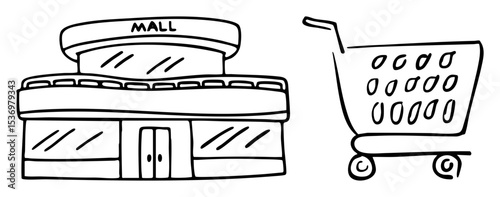 Vector Shopping mall facade and grocery cart .