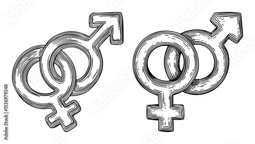 Vector Intertwined male and female gender symbols form a unified .