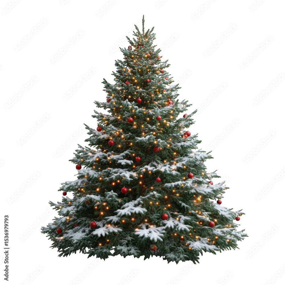 Fototapeta premium Snow covered christmas tree with lights and ornaments isolated on transparent background
