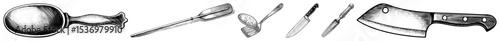 Vector Vintage collection of ornate objects including a trumpet cutlery writing tools and a heraldic banner.