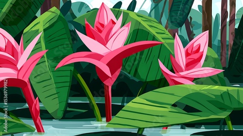 Tropical flowers in lush foliage