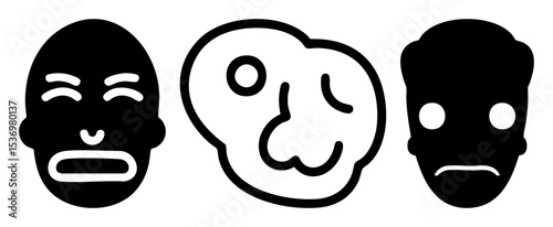 Vector Three monochrome face depict varying expressions.