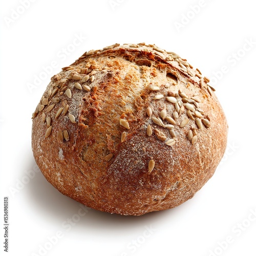 Fresh baked bread roll with sunflower seeds artisan bakery food photography studio shot isolated on white