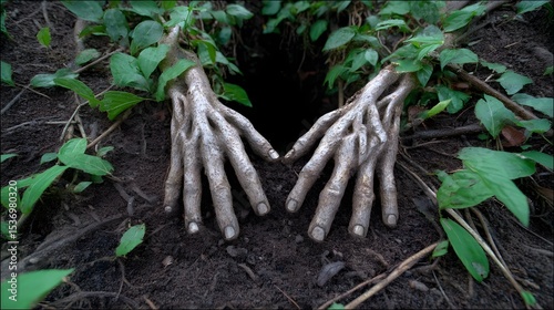 Gnarled, twisted roots intertwine and take on a ghostly, humanlike form, seemingly reaching up from the soil and connecting the natural world to the unseen