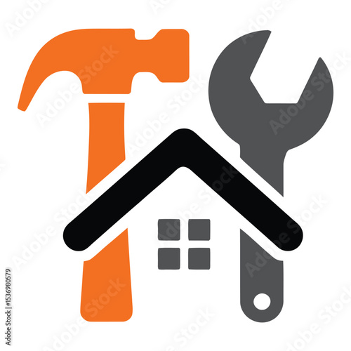 Hammer wrench and house roof create a home repair service logo