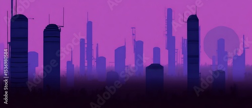 Futuristic city skyline at dusk