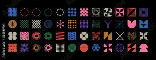 Brutalist geometric shapes, modern symbols.