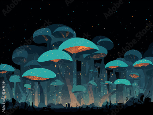Magical bioluminescent mushroom forest with glowing spores under starry night sky - fantasy digital art perfect for sci-fi, gaming, and mystical designs
