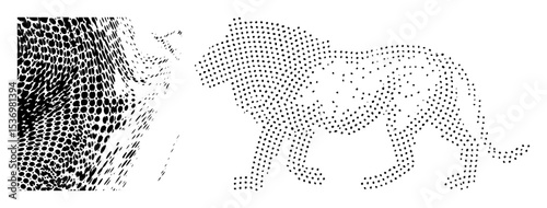Vector Stylized lion and tiger illustrations composed of dots.
