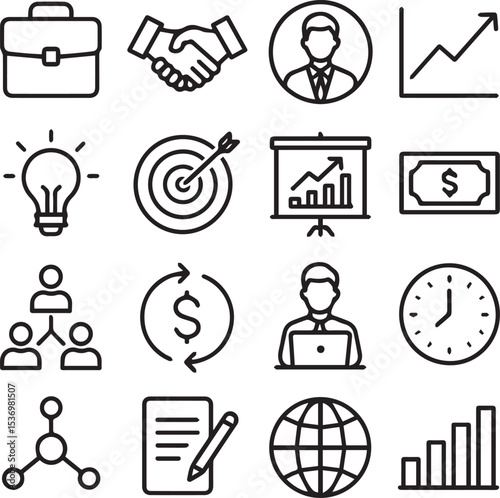 Business related all icon set line art vector illustration.