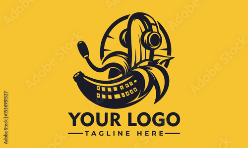 Cheerful cartoon banana character with a happy face wearing a headset, emerging from a peeled banana. Communication and fun concept