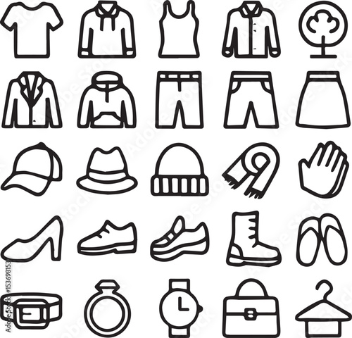 Different types of cloths icon set line art vector illustration.