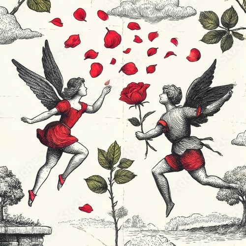 Whimsical Winged Figures Exchanging a Rose in a Vintage Botanical Illustration Style
