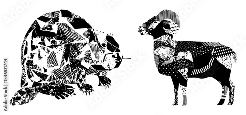 Vector Predator and prey featuring a lion and a ram.