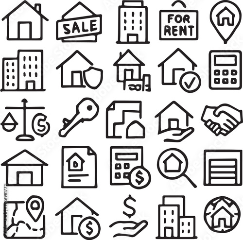 Real estate  related all icon collection line art vector illustration.