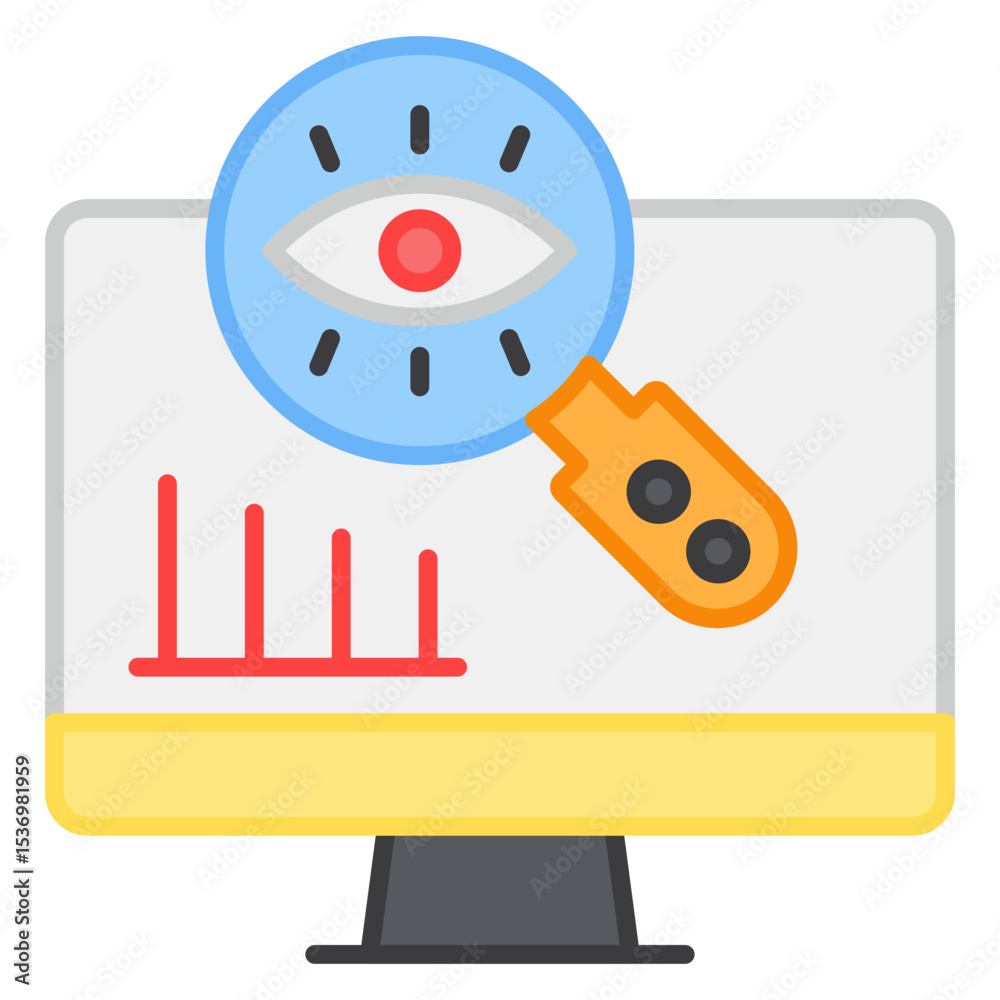 Digital Data Analysis and Online Security Monitoring Concept Icon with Magnifying Glass and Eye on Computer Display Digital Data Analysis and Online Security Monitoring Concept Icon with Magnifying Glass and Eye on Computer Display