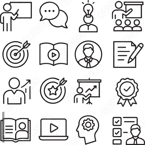 Training and teaching related all icon set line art vector illustration.