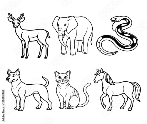 Adorable Animal Illustrations Line Art Drawings of Deer, Elephant, Snake, Dog, Cat, and Horse