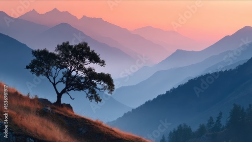 Misty mountain range with soft pastel colors at dawn, silhouette of a lone tree on a hilltop