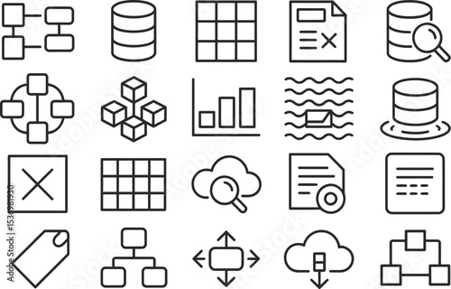 Data systems monitoring vector icon pack with sync, database, structured file, pipeline, and stream processing

